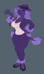 absurd_res anthro big_breasts blazer bottomwear breasts canid canine canis claws clothed clothing domestic_dog female footwear hand_on_hip hi_res looking_away mammal pants poodle pose purple_body raised_hand shirt shoes simple_background small_nose smile solo standing tail tank_top tight_bottomwear tight_clothing tight_pants topwear villegreen wide_hips
