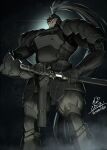  absurdres armor artist_name asymmetrical_armor asymmetrical_arms backlighting black_armor black_background black_helmet chromatic_aberration closed_mouth commentary_request dark diffraction_spikes dim_lighting dou drawing_sword fake_horns fake_pointy_ears feet_out_of_frame from_below gasaraki glowing glowing_eyes grey_pants hakama hakama_pants helmet highres holding holding_sheath holding_sword holding_weapon horned_helmet horned_mask horns ikasamahideo japanese_armor japanese_clothes kote kusazuri lens_flare long_hair looking_ahead mask mecha mecha_focus no_humans oni_mask pants plume puffy_pants red_eyes robot samurai scabbard sheath shikoro shuten_(gasaraki) signature suneate sword tachi_(weapon) unsheathing vambraces very_long_hair weapon white_hair white_mask 