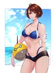  1girl absurdres akira_howard astral_chain ball bare_shoulders beach beachball bikini blue_bikini breasts brown_eyes brown_hair cleavage collarbone food highleg highleg_bikini highres looking_at_viewer medium_breasts navel popsicle short_hair sky solo swimsuit thiru3dan 