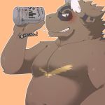  1:1 2020 anthro belly blush bovid bovine brown_body brown_fur can cattle fur humanoid_hands inakamichi kemono male mammal orange_background overweight overweight_anthro overweight_male simple_background solo 
