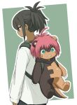 ambiguous_gender animate_inanimate anthro backpack bandai_namco belly black_hair blue_eyes brown_body brown_fur digimon digimon_(species) digimon_beatbreak duo fur granit_(digimon_beatbreak) hair human kadoko5 living_plushie ludomon male mammal pink_hair plushie seam_(sewing) sharp_teeth simple_background slightly_chubby teeth
