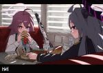  2girls absurdres beretta_1301 blue_archive blush burger commentary_request day food gun halo heterochromia highres hina_(blue_archive) holding holding_burger holding_food hoshino_(blue_archive) indoors long_hair looking_at_viewer mcdonald's multiple_girls niokai pink_hair pink_halo purple_eyes shotgun sitting weapon white_hair 