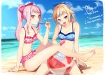  2girls :d ass_visible_through_thighs ball bare_legs barefoot beach beachball bikini bikini_skirt blonde_hair blue_bikini blue_hair blue_nails blue_sky blurry blurry_background bow breasts character_name cleavage cloud cloudy_sky commentary copyright_name day eating english_text floral_print food full_body hair_bow hair_flaps heart himehina_channel holding holding_food long_hair looking_at_viewer medium_breasts midriff multicolored_hair multiple_girls nail_polish navel ocean ogamikeito open_mouth outdoors pink_bikini pink_hair pink_nails ponytail popsicle purple_eyes red_hair sitting sky small_breasts smile streaked_hair suzuki_hina swimsuit tanaka_hime thighs toenail_polish tongue tongue_out two-tone_hair virtual_youtuber 