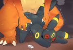 3_fingers 3_toes after_transformation ambiguous_gender anal anal_penetration button_(fastener) button_eyes charizard claws duo eeveelution feet fingers generation_1_pokemon generation_2_pokemon genitals hand_on_butt hand_on_hip hi_res humanoid_genitalia humanoid_penis male male/ambiguous nintendo noms_(artist) penetration penis plushie plushie_penetrated plushification plushophilia pokemon pokemon_(species) seam_(sewing) sex size_difference text thick_thighs toes translated umbreon