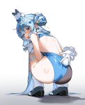  1girl absurdres animal_ears arahashi_tabi ass asymmetrical_legwear back backless_leotard blue_bow blue_eyes blue_hair blue_leotard blush boots bow carrot_hair_ornament commentary dandandanholo fishnets food-themed_hair_ornament from_behind full_body fur-trimmed_gloves fur_trim gloves hair_ornament heart heart_hair_ornament high_heels highres leotard long_hair looking_at_viewer looking_back open_mouth pantyhose playboy_bunny rabbit_ears rabbit_girl rabbit_tail simple_background single_leg_pantyhose single_thighhigh solo squatting stellive tail teeth thighhighs upper_teeth_only very_long_hair virtual_youtuber white_background white_gloves 