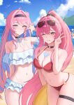  3girls absurdres aemeath_(wuthering_waves) ahoge alternate_costume bad_anatomy bad_hands bare_shoulders beach bikini blue_eyes blue_hair blue_sky blush breasts choker cleavage closed_mouth colored_inner_hair commentary day denia_(wuthering_waves) eyewear_on_head female_rover_(wuthering_waves) frilled_bikini frills halterneck hand_up highres holding holding_swim_ring juen_(jooann1359) large_breasts long_hair looking_at_viewer medium_breasts multicolored_hair multiple_girls navel o-ring o-ring_choker one_eye_closed orange_eyes outdoors pink_hair ponytail red_bikini revision rover_(wuthering_waves) sand_castle sand_sculpture sky smile stomach string_bikini sunglasses swim_ring swimsuit tacet_mark_(wuthering_waves) thigh_strap v white_bikini wuthering_waves 