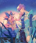  2boys abs ancient_egyptian_clothes arm_belt atem belt bracelet bright_pupils brown_hair cape closed_mouth coat commentary_request covered_pectorals highres ikaru jewelry kaiba_seto looking_at_another looking_at_viewer male_focus multiple_boys outdoors pectorals robe spiked_bangs spiked_hair twitter_username wading wet wet_hair white_coat white_pupils white_robe yaoi yu-gi-oh! yu-gi-oh!_duel_monsters 