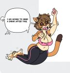 4_fingers 4_toes after_exercise anthro armpit_hair barefoot belly big_breasts big_butt bodily_fluids body_hair bottomwear breasts brown_hair butt cleavage clothed clothing cougar countershade_feet countershading cross cross_necklace dialogue english_text eyes_closed eyeshadow fangs feet felid feline female fingers freakwithatag fur hair hi_res humanoid_feet jewelry makeup mammal markings mature_female midriff mole_(marking) mole_on_breast necklace pants pawpads pink_nose pink_pawpads plantigrade short_hair slightly_chubby slightly_chubby_anthro slightly_chubby_female soles solo speech_bubble spread_toes sweat sweaty_feet tan_body tan_fur teeth text thick_thighs toes wide_hips yoga_pants