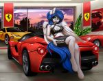  absurd_res anthro blue_eyes blue_hair bottomwear breasts car clothing detailed_background equid equine fan_character female ferrari hair hasbro hi_res looking_at_viewer mammal my_little_pony nude pegasus pony-way sitting solo topwear vehicle wings 