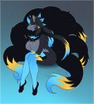 4_toes 5_fingers 8_tails anthro big_breasts black_markings black_nose blue_eyes blue_markings breasts canid canine cheek_tuft colored crossed_arms digital_drawing_(artwork) digital_media_(artwork) domestic_cat eyelashes facial_tuft featureless_breasts feet felid felin feline felis female fingers flat_colors fox fur generation_1_pokemon generation_9_pokemon grey_body grey_fur hair hi_res horn hybrid_pokemon kitsunewaffles-chan legendary_pokemon long_hair mammal markings mega_evolution mega_zeraora multi_tail multicolored_body multicolored_fur multicolored_hair ninetales nintendo nude paws pinup pokemon pokemon_(species) pose ruff sitting smile snout solo tail toes tuft two_tone_hair whiskers yellow_markings yellow_sclera