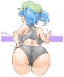  1girl ass back bare_arms bare_shoulders blue_eyes blue_hair breasts cropped_legs from_behind green_headwear grey_panties hair_bobbles hair_ornament hand_on_hip hat huge_breasts kawashiro_nitori leaning_forward looking_back medium_hair open_mouth panties sachito smile solo sweat tank_top touhou turtleneck two_side_up underwear white_background 
