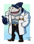  abs anthro biceps blue_body bottomwear clothing coat fish footwear gepredators gesture male marine muscular muscular_anthro muscular_male pants pecs requiem_shark ripster shark shoes solo street_sharks teeth thumbs_up tiger_shark topwear 