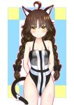  1girl ahoge animal_ears arms_behind_back ash_arms blush braid breasts c-clock cat_ears cat_tail collarbone commentary_request groin highres long_hair panzer_iii_(ash_arms) simple_background small_breasts smile solo swimsuit tail twin_braids yellow_eyes 
