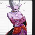  1girl black_lips breasts bridal_gauntlets cape colored_skin dr._arinsu dragon_ball dragon_ball_daima gold_choker highres kaioushin large_breasts pink_bridal_gauntlets pink_skin pointy_ears purple_bridal_gauntlets purple_lips purple_skin red_cape shu0718 single_bang solo tall_hair 