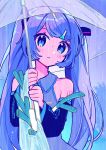  aoiyui bag bare_shoulders blue_eyes blue_hair food-themed_hair_ornament hair_ornament hairclip hatsune_miku head_tilt highres holding holding_umbrella light_blush long_hair looking_at_viewer rain shopping_bag spring_onion spring_onion_hair_ornament swept_bangs twintails umbrella vocaloid 