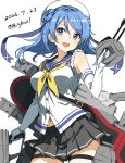  1girl :d absurdres bigkwl blue_eyes blue_hair blue_sailor_collar blush breasts commentary_request cowboy_shot dated dated_commentary double_bun gloves grey_skirt hair_bun highres kantai_collection looking_at_viewer miniskirt neckerchief one-hour_drawing_challenge open_mouth pleated_skirt sailor_collar school_uniform serafuku shirt simple_background skirt sleeveless sleeveless_shirt smile solo twitter_username urakaze_(kancolle) white_background white_gloves white_shirt yellow_neckerchief 