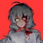  1girl blood blood_from_forehead blood_on_clothes blood_on_face blood_on_neck buttons charlotte_wiltshire_(q84) commentary_request gf0d3 grin hair_between_eyes hair_ribbon hello_charlotte highres long_hair looking_at_viewer low_twintails no_pupils portrait red_background ribbon shirt simple_background smile solo turtleneck turtleneck_shirt twintails white_eyes white_hair white_ribbon white_shirt wide-eyed 
