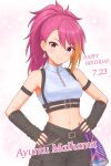  1girl black_gloves black_pants blonde_streaks breasts character_name closed_mouth commentary_request cowboy_shot earrings fingerless_gloves fingernails gloves hands_on_own_hips highres idolmaster idolmaster_million_live! idolmaster_million_live!_theater_days jewelry looking_at_viewer maihama_ayumu medium_breasts multicolored_hair nail_polish navel official_alternate_costume pants pink_eyes pink_hair pink_nails ponytail shanty_imas sleeveless sleeveless_turtleneck smile solo stand_up_yell_(idolmaster) standing streaked_hair turtleneck 