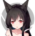  1girl :d alice_mana alice_mana_channel animal_ear_fluff animal_ears bangs bare_shoulders black_hair blush collarbone eyebrows_visible_through_hair fang fox_ears grey_background hair_between_eyes hair_ornament highres long_hair looking_at_viewer nagato-chan open_mouth red_eyes smile solo two-tone_background upper_body virtual_youtuber white_background 