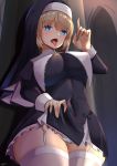  1girl :p bangs blonde_hair blue_eyes blush breasts character_request copyright_request dress dress_lift habit heart heart-shaped_pupils large_breasts long_sleeves looking_at_viewer nun open_mouth panties short_hair solo symbol-shaped_pupils thighhighs tongue tongue_out underwear yukidaruma718 zettai_ryouiki 