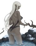  1girl ass back bare_back bare_shoulders black_one-piece_swimsuit breasts cithis closed_mouth commentary dark-skinned_female dark_elf dark_skin dungeon_meshi elf english_commentary english_text facial_mark facial_tattoo feet_out_of_frame forehead_mark forehead_tattoo grey_hair hair_tubes highres light_smile long_hair long_pointy_ears looking_at_viewer medium_breasts on_water one-piece_swimsuit parted_lips pointy_ears red_lips seilindekos sideboob sidelocks simple_background solo standing standing_on_liquid swimsuit tattoo thighs winter yellow_eyes 