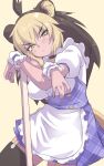  1girl animal_ears apron barbary_lion_(kemono_friends) black_hair blonde_hair breasts brown_background choker commentary_request dress extra_ears garter_straps highres kemono_friends large_breasts lion_ears lion_girl lion_tail long_hair looking_at_viewer lowlandgorilla maid maid_apron multicolored_hair simple_background solo tail thighhighs two-tone_hair wrist_cuffs yellow_eyes 
