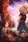  1boy 1girl bare_shoulders black_choker blonde_hair blue_pants blue_ribbon blue_vest boat bodysuit boots brown_boots brown_hair cargodin cat_tail choker cloud cloudy_sky commentary cropped_vest final_fantasy final_fantasy_ix garnet_til_alexandros_xvii gloves green_boots hair_ornament hair_ribbon hairclip hand_on_own_chin highres jewelry long_hair long_sleeves looking_at_another low-tied_long_hair low_ponytail madain_sari_(ff9) necklace on_boat orange_bodysuit outdoors own_hands_together pants ponytail puffy_long_sleeves puffy_sleeves red_gloves ribbon shirt sitting sky sleeveless sleeveless_shirt standing tail thigh_strap vest watercraft white_shirt zidane_tribal 