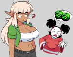 2025 autumn_(genocityzone) bandit_(mario) bangs black_eyebrows black_hair blush blush_stickers bottomwear breast_size_difference breasts brown_body brown_breasts brown_ears brown_skin cartoon_freckles cleavage clothed clothed_female clothed_humanoid clothing crop_top crotch_lines describing_breasts digital_media_(artwork) duo elf expressive_mask eyebrows eyelashes female female_humanoid food freckled_breasts freckled_face freckled_hips freckles fruit genocityzone green_clothing green_jacket green_topwear grey_background grey_bottomwear grey_clothing grey_shorts hair hand_on_hip hand_on_own_hip hooded_robe humanoid humanoid_pointy_ears jacket long_eyelashes long_hair looking_at_another mario_bros melon navel nintendo open_clothing open_jacket open_topwear pigtails pink_blush plant pointy_ears question_mark red_clothing red_robe robe sadie_(genocityzone) shirt shorts simple_background tan_hair thick_eyebrows topwear watermelon white_body white_clothing white_crop_top white_skin white_topwear