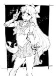  1girl absurdres aino_minako bishoujo_senshi_sailor_moon black_background blush border bow bowtie breasts choker closed_mouth cowboy_shot double_v earrings elbow_gloves feet_out_of_frame gloves greyscale hair_bow half_updo hatching_(texture) highres jewelry leotard long_hair looking_at_viewer magical_girl medium_breasts miniskirt monochrome pleated_skirt sailor_collar sailor_senshi_uniform sailor_venus see-through_clothes see-through_sleeves skirt smile solo star_(symbol) star_choker stud_earrings super_sailor_venus tiara tomoe_tenbu v white_border white_leotard 