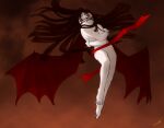  1girl alucard_(hellsing) bat_wings black_hair commentary_request completely_nude flat_chest floating_hair flying full_body girlycard gloves hellsing light_smile long_hair looking_at_viewer moto_ho nude pale_skin red_eyes red_ribbon ribbon self_hug smile solo vampire wings 