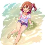  1girl :d barefoot bikini bikini_under_clothes blue_shorts brown_hair commentary denim denim_shorts foot_out_of_frame from_above hair_ornament hair_scrunchie highres idolmaster idolmaster_million_live! kasuga_mirai kelvin1996c looking_at_viewer one_side_up open_mouth pink_bikini pink_scrunchie scrunchie shirt short_hair short_shorts short_sleeves shorts sitting smile solo swimsuit t-shirt untranslatable_commentary water wet wet_clothes wet_shirt white_shirt yellow_eyes 