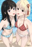  2girls :p absurdres armpit_crease beach bikini black_hair blonde_hair blue_bikini bob_cut breasts brown_eyes cherry_print closed_mouth commentary_request dated food_print foreshortening from_above fruit_print highres iganin_r inoue_takina large_breasts long_hair looking_at_viewer looking_up lycoris_recoil mismatched_bikini multiple_girls navel nishikigi_chisato ocean outdoors polka_dot polka_dot_bikini print_bikini purple_eyes red_bikini short_hair side-tie_bikini_bottom sideboob signature standing stomach straight_hair swimsuit tongue tongue_out unfinished white_bikini 