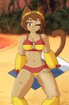 2026 :3 anthro beach bikini blush breasts brown_body brown_hair clothed clothing digital_media_(artwork) domestic_cat eyewear eyewear_on_head felid feline felis female gameoverse glitch_productions goggles goggles_on_head hair hi_res island kit_bodega looking_at_viewer mammal mechanical_arm mechanical_leg navel one_eye_closed outside palm_tree plant seaside solo swimwear tail themichifus tree tropical two-piece_swimsuit water wink