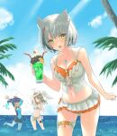  3girls animal_ear_fluff animal_ears bikini bikini_skirt blue_hair blue_sky breasts brown_hair cat_ears cat_girl chest_jewel commentary_request drink eunie_(xenoblade) fiery_hair grey_hair holding holding_drink looking_at_viewer medium_hair mio_(xenoblade) multiple_girls navel open_mouth pleated_skirt sarong sena_(xenoblade) short_hair side_ponytail skirt sky small_breasts smile solo_focus swimsuit teeth thigh_strap upper_teeth_only usakumapo_nano wading water watermark white_bikini white_sarong xenoblade_chronicles_(series) xenoblade_chronicles_3 yellow_eyes 