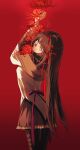  1girl akemi_homura akemi_homura_(magical_girl) argyle_clothes argyle_pantyhose arms_up back_ribbon black_pantyhose blunt_bangs breasts brown_hair cowboy_shot dreamon_(bujingniao723) expressionless flower flower_on_head flower_on_shoulder frilled_skirt frills from_behind gem growing_out_of_body highres long_hair long_sleeves looking_back looking_down magical_girl mahou_shoujo_madoka_magica mahou_shoujo_madoka_magica_(anime) medium_breasts miniskirt pantyhose purple_eyes purple_gem purple_ribbon purple_skirt red_background red_flower red_ribbon ribbon shirt skirt solo soul_gem_(madoka_magica) spider_lily standing straight_hair very_long_hair white_shirt 