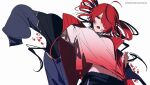 1girl absurdres ahoge black_jacket drawstring drill_hair english_text engrish_text from_below gradient_clothes gradient_shirt hair_over_one_eye han_bun_ko_(vocaloid) highres jacket kasane_teto midriff_peek multicolored_hair navel_peek one_eye_covered open_mouth outstretched_arm pants parted_bangs pill putting_on_jacket ranguage red_eyes red_hair red_shirt shirt simple_background solo synthesizer_v track_jacket track_pants twin_drills two-sided_fabric two-sided_jacket two-tone_hair typo upper_body utau white_background z3zz4 