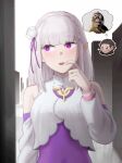  1girl absurdres blunt_bangs braid clothing_cutout commentary crown_braid emilia_(re:zero) hair_ornament hair_ribbon hand_to_own_mouth hand_up highres long_hair long_sleeves looking_to_the_side mark_renz_purio meme meme_inset monkey monkey_thinking_(meme) natsuki_subaru official_alternate_costume open_mouth purple_eyes purple_ribbon re:zero_kara_hajimeru_isekai_seikatsu ribbon shoulder_cutout speech_bubble thought_bubble upper_body white_hair x_hair_ornament 