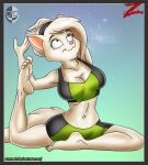 absurd_res accessory anthro artist_logo barefoot biped black_headband bottomwear bra breasts catana_(xamoel) cleavage clothed clothing digital_drawing_(artwork) digital_media_(artwork) domestic_cat eyelashes feet felid feline felis female fully_clothed fur gradient_background green_bottomwear green_bra green_clothing green_shorts green_underwear hair headband hi_res humanoid_feet humanoid_hands logo looking_up mammal midriff monotone_body mouth_closed nevel plantigrade pose shaded shorts simple_background slim soft_shading solo sports_bra tail toony underwear white_body white_fur xamoel yoga