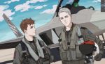  2boys ace_combat ace_combat_04 ace_combat_7 aircraft airplane blue_eyes blue_sky brown_hair cloud cockpit emblem f-22_raptor fighter_jet grey_eyes holding jet looking_at_another looking_at_viewer lowres md5_mismatch military military_vehicle mobius_1 multiple_boys patch pilot pilot_helmet pilot_suit resolution_mismatch silver_hair sky skyleranderton source_larger trigger_(ace_combat) 