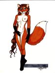  absurd_res anthro breasts canid canine female fluffy fluffy_tail fox fur genitals hair hi_res looking_at_viewer mammal nipples pussy red_fox red_hair solo terrie_smith traditional_media_(artwork) 