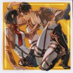  1boy 1girl black_boots black_eyes black_hair blush boots border breasts brown_hair brown_jacket clenched_teeth commentary_request cropped_jacket eren_yeager full_body green_eyes hair_between_eyes hand_on_another's_chest hetero highres jacket looking_at_viewer medium_breasts mikasa_ackerman military_jacket pants paradis_military_uniform parted_bangs red_scarf scarf shingeki_no_kyojin shirt short_hair stuck_in_a_box survey_corps_(emblem) suspenders teeth thigh_strap three-dimensional_maneuver_gear twintails white_border white_pants white_shirt yabi_oblivion yellow_background 