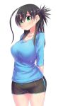  1girl ahoge alternate_hairstyle arms_behind_back black_hair black_shorts blue_shirt breasts dated green_eyes highres huge_ahoge juugoya_(zyugoya) long_hair long_shirt medium_breasts musuko_ga_kawaikute_shikatanai_mazoku_no_hahaoya nishimura_chiharu shirt shorts sidelocks signature simple_background sleeves_rolled_up smile spoilers thighs tied_hair timeskip white_background 