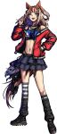  1girl absurdres animal_ears arched_bangs asymmetrical_legwear black_shoes black_socks blue_eyes blue_skirt blue_sports_bra blush breasts bright_pupils candy espoir_city_(red_devil_gear)_(umamusume) espoir_city_(umamusume) fang food fulltimeangel13 gold_buckle hair_ornament hand_in_pocket highres holding holding_candy holding_food holding_lollipop horse_earrings horse_ears horse_girl horse_tail jacket lollipop long_hair looking_at_viewer loose_socks midriff mismatched_legwear multicolored_hair navel open_mouth orange_hair panty_straps red_jacket shoes single_thighhigh skirt small_breasts smile socks solo sports_bra tail teeth thighhighs umamusume upper_teeth_only white_pupils 