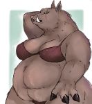  2020 anthro belly big_belly big_breasts bikini breasts brown_body brown_fur cleavage clothed clothing cloven_hooves female fur galette green_eyes hand_behind_back hooves looking_aside looking_at_viewer mammal navel overweight overweight_anthro overweight_female portrait scar side_view simple_background solo standing suid suina sus_(pig) swimwear thick_thighs three-quarter_portrait tusks wild_boar 