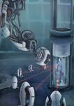  1boy 6+girls black_hair blue_suit cable commentary english_commentary g-man glados half-life_(series) hanging_from_ceiling highres holding holding_suitcase laser multiple_girls one-eyed pale_skin pine_squir_dog portal_(series) portal_2 red_eyes robot sentry_turret_(portal) short_hair suit suitcase 