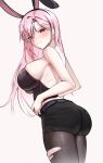  1girl animal_ear_hairband animal_ears black_bustier black_shorts black_streaks breasts bustier commentary fake_animal_ears hair_over_one_eye hairband highres hololive hololive_english large_breasts long_hair looking_at_viewer mori_calliope mori_calliope_(rock_bunny) multicolored_hair nurizza_ilst official_alternate_costume official_alternate_hairstyle pantyhose pink_hair rabbit_ear_hairband rabbit_ears red_eyes shorts sideboob simple_background solo streaked_hair torn_clothes torn_pantyhose untranslatable_commentary virtual_youtuber 
