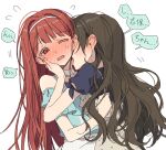  2girls aqua_shirt blush brown_hair commentary_request dress ear_blush flying_sweatdrops full-face_blush hairband hano9789 highres idolmaster idolmaster_million_live! idolmaster_million_live!_theater_days kitazawa_shiho korean_commentary licking licking_another's_neck long_hair multiple_girls official_alternate_costume one_eye_closed pinafore_dress polka_dot polka_dot_dress red_eyes red_hair saliva shirt simple_background sleeveless sleeveless_dress speech_bubble sweatdrop tanaka_kotoha tongue translation_request upper_body white_background white_hairband yuri 