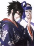  1boy akai_0716 black_hair blue_headband blue_kimono closed_mouth commentary_request eyeshadow grey_eyes hair_between_eyes headband highres holding holding_mask japanese_clothes kimono looking_at_viewer makeup male_focus mask naruto_(series) naruto_shippuuden pale_skin red_eyeshadow short_hair solo spiked_hair uchiha_sasuke upper_body white_background wide_sleeves 