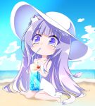  1girl animal_ear_fluff animal_ears bare_arms bare_legs bare_shoulders barefoot beach bendy_straw blue_hawaii blue_sky blush cat_ears cat_girl cat_tail cherry chibi closed_mouth cloud collarbone combat2000_(kuroneko) commentary_request cup day dress drink drinking drinking_glass drinking_straw food fruit full_body hat highres holding holding_cup horizon ice ice_cream ice_cream_float ice_cube long_hair ocean on_ground original outdoors purple_eyes purple_hair sand sitting sky sleeveless sleeveless_dress solo sun_hat sundress tail very_long_hair wariza water white_dress white_hat 