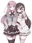  2girls :< alternate_costume aubrey_(faraway)_(omori) aubrey_(omori) black_eyes black_hair black_skirt black_thighhighs blue_eyes blush bow closed_mouth collarbone commentary double-parted_bangs grey_thighhighs hair_behind_ear hair_between_eyes hair_bow hair_ornament hairclip highres locked_arms long_hair long_sleeves looking_at_viewer mari_(faraway)_(omori) mari_(omori) multiple_girls omori parallel_hairclips pink_hair sidelocks simple_background skirt thighhighs untranslatable_commentary white_background white_bow wktdms1 